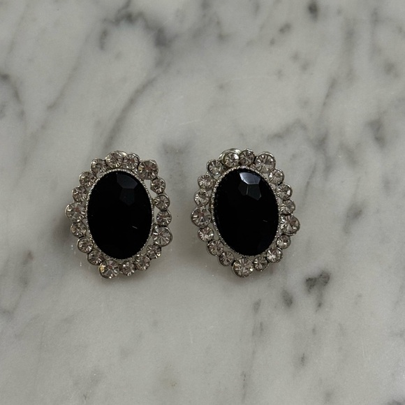 None Jewelry - Vintage Style Black Faceted Stone & Clear Rhinestone Crystal Earrings Statement